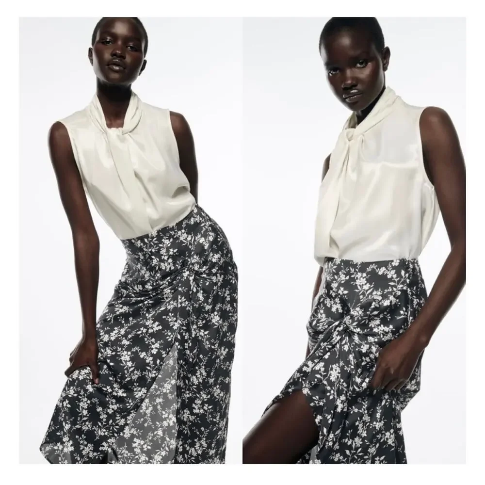 Zara Black Floral Satin Midi Skirt Size Large Side Knot Lightweight 2492/063